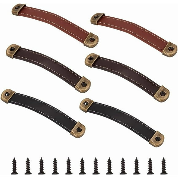 6 Sets 3 Colors Leather Door Handle Drawer Pulls Metal Hardware Cabinet Wooden Box Suitcase Luggage Pulls Grip Replacement Cabinet Pull Strap with Alloy Buckles & Screws for Trunk Case Home
