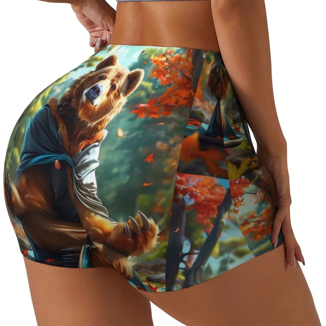 Fotbe Maple Meditating Bear Shorts Sin Costuras – Shorts Deportivos de Cintura Alta para Mujer, Elásticos para Gimnasio, Yoga, Running o Ciclismo-XX-Large