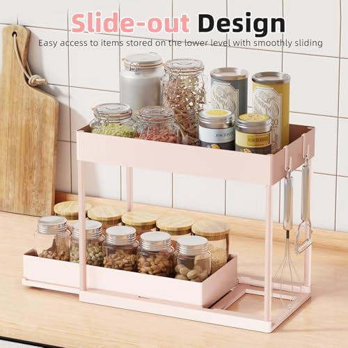 Under Sink Organizer 2 Pack, Sink Pull-Out Sliding Storage Cabinet, 2-Tier Under Shelf Organizer for Kitchen Bathroom, Pink