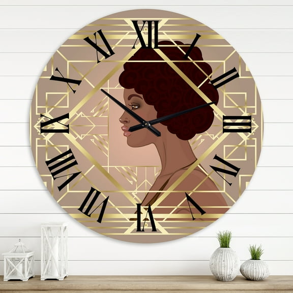 Designart 'Retro Women In Golden Art Deco Geometrics Ii' Modern Wall Clock