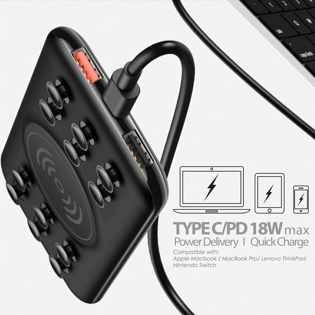 Wireless Charger [SUCTION CUP GRIPS] Portable Power Bank [12000mAh Battery] USB 2.0/Type-C/QC Fast Charge 3.0 with 18W PD Universal for Cell Phone, iPhone 11 Pro Max, XR, Xs, Galaxy Note 9, S10, etc