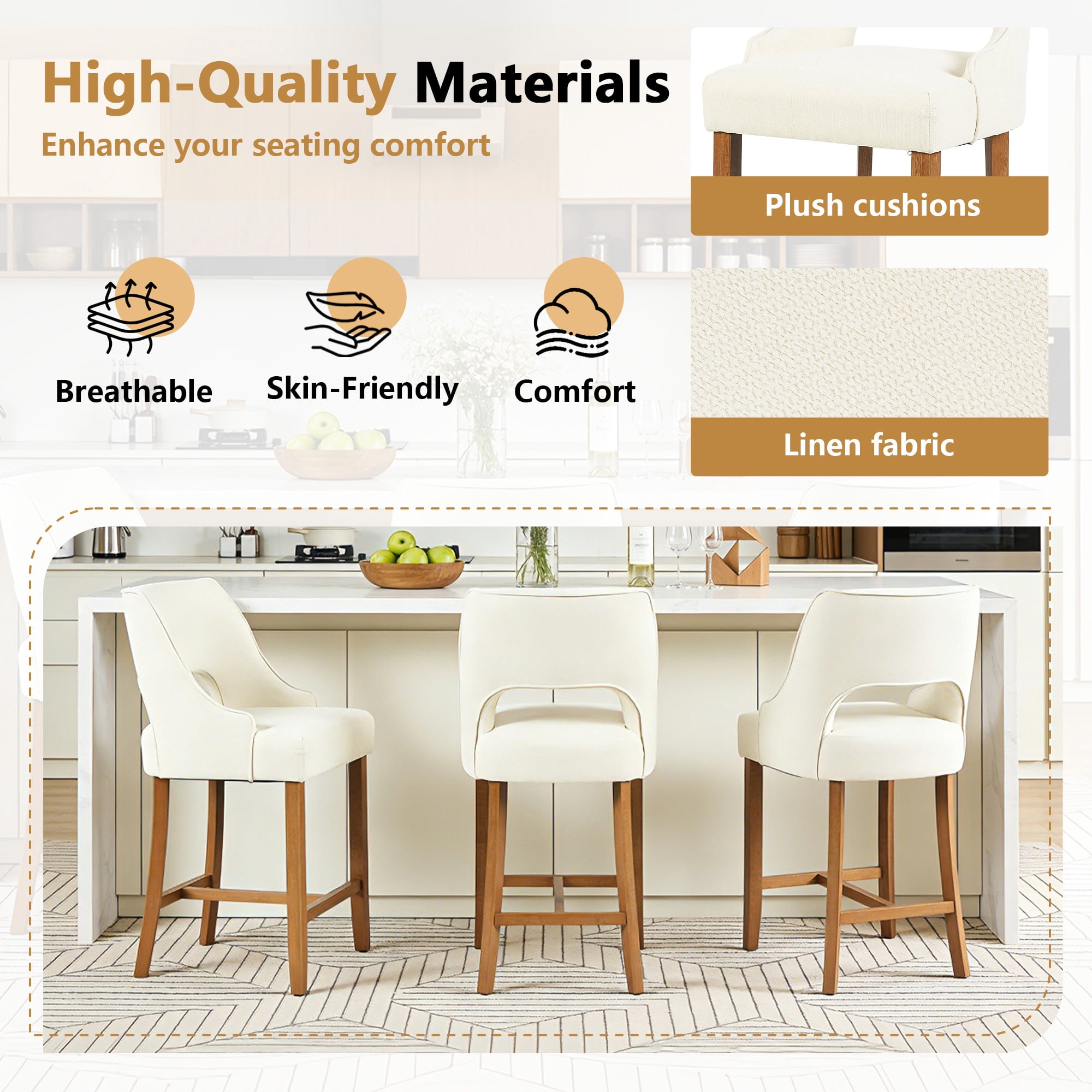 ClinQ Modern Counter Height Bar Stool Set of 1, Upholstered Seat with Back and Walnut H-Frame Footrest for Kitchen Island, Beige