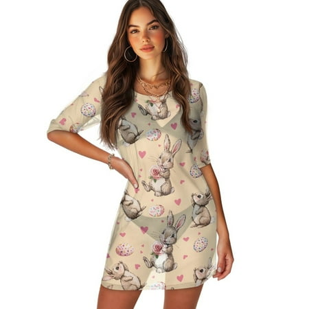 FKELYI Women s Swimwear Cover Ups Breathable Bikini Suit Cover-Up with Half Sleeve Easter Egg Rabbit Love Print Sheer Fabric Beachwear Dress for Lady Summer Vacation Outfits  M