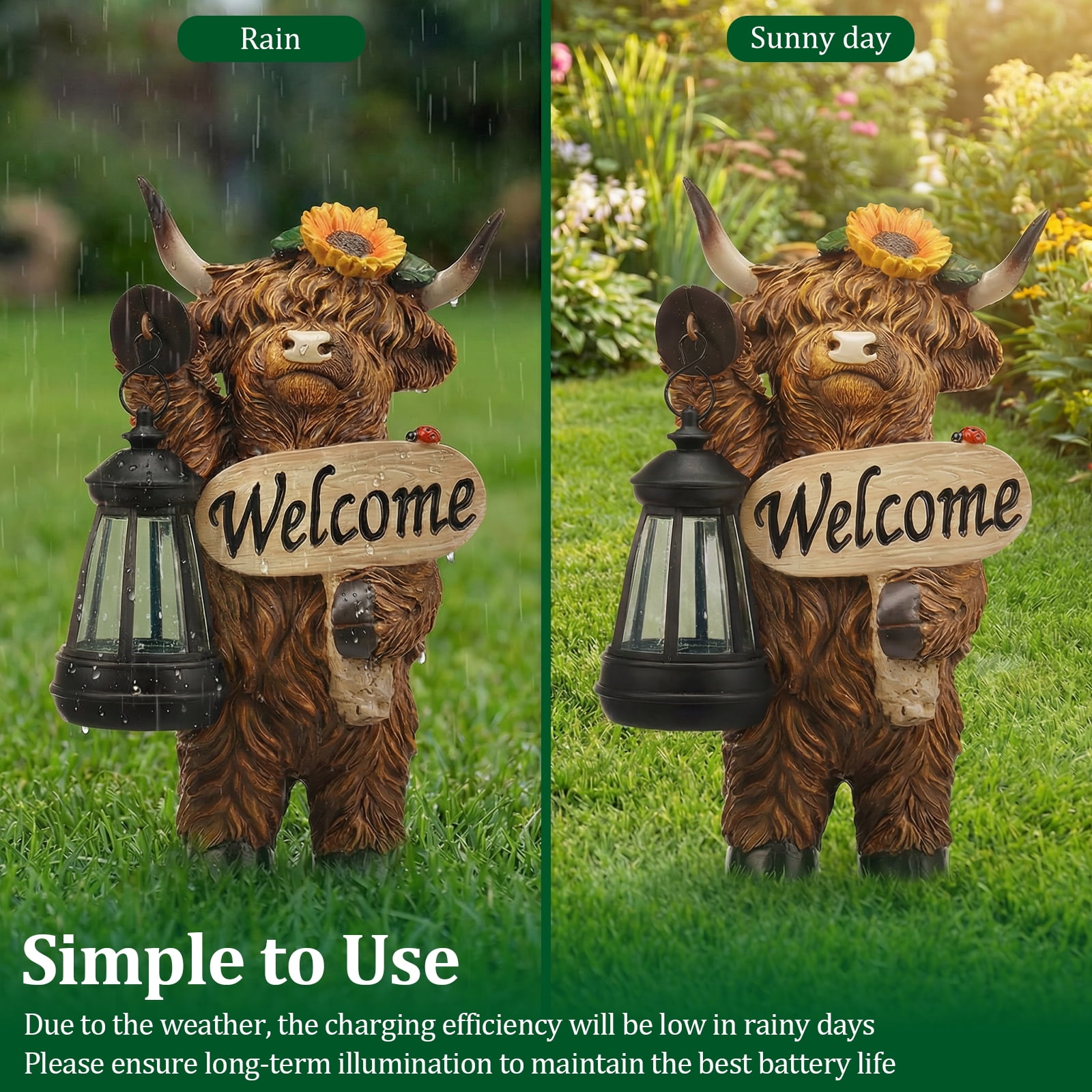 Threns Solar Highland Cow Garden Outdoor Statue,Highland Cow Figurines Sculpture with Light,Patio Balcony Yard for Pasture,Farm Theme Housewarming Gifts for Women Mom