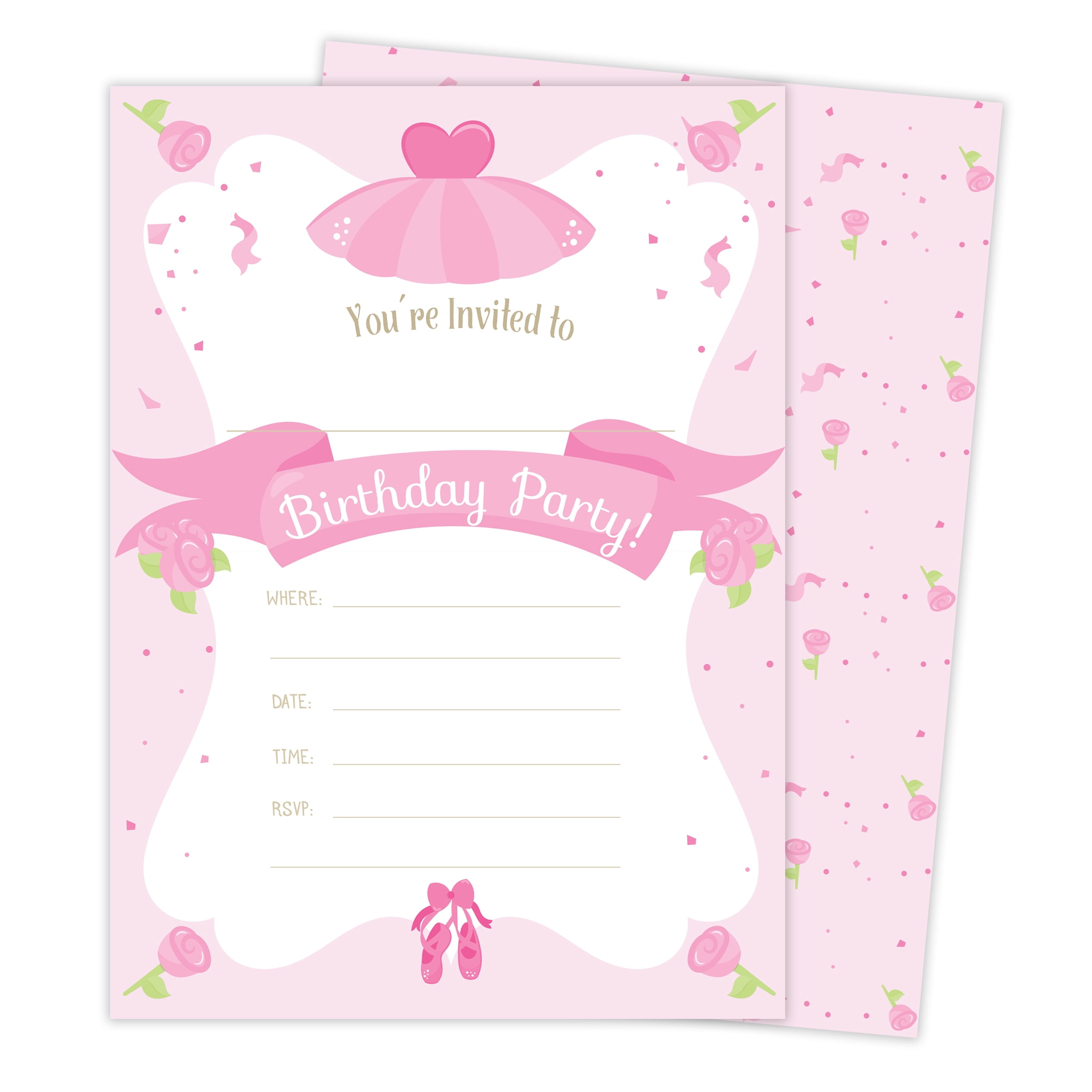 Ballerina Style 2 Happy Birthday Invitations Invite Cards (25 Count) with Envelopes &amp; Seal Stickers Boys Girls Kids Party