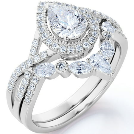 JeenMata 1.75 Carat Pear Cut Moissanite Bohemian Wedding Set - Infinity Engagement Ring with Art Deco Wedding Band in 10k White Gold