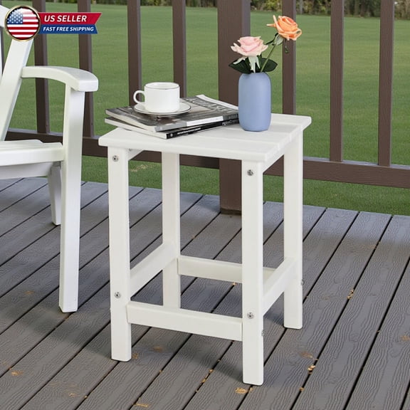Hassch Outdoor HDPE Side Table in White, 14-Inch Single Layer Square Patio Table, Waterproof & UV Resistant, 110lb Capacity, Easy Assembly