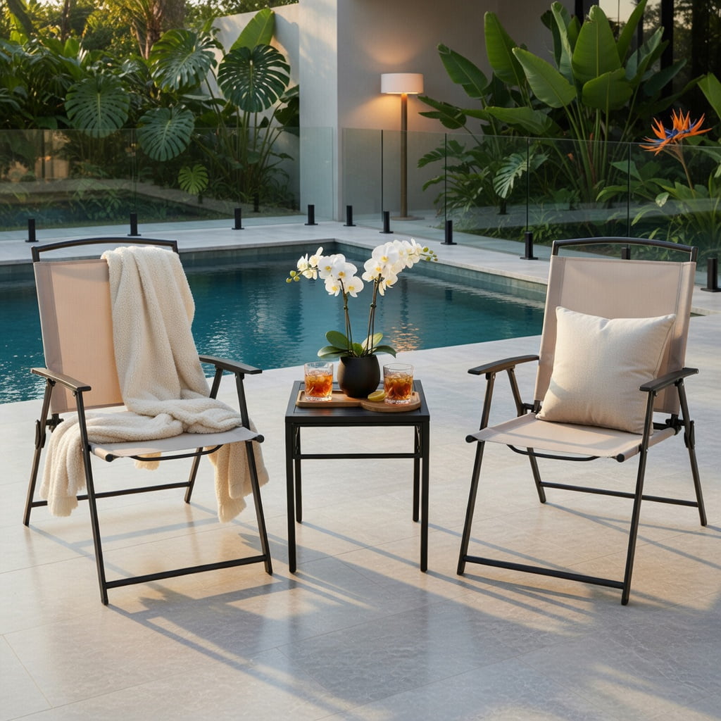 Hommoo 2-Pack Patio Dining Chairs with Armrests, Rust-Resistant Steel Frame, Foldable & Lightweight Outdoor Seating for Deck, Porch, Garden, Beige