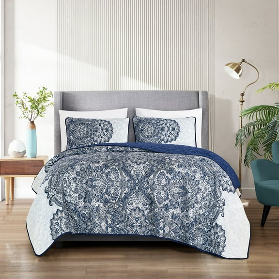 Evjk 3-Piece Decorative Lightweight Bedspread Set – Reversible, Microfiber with Modern Print, Queen