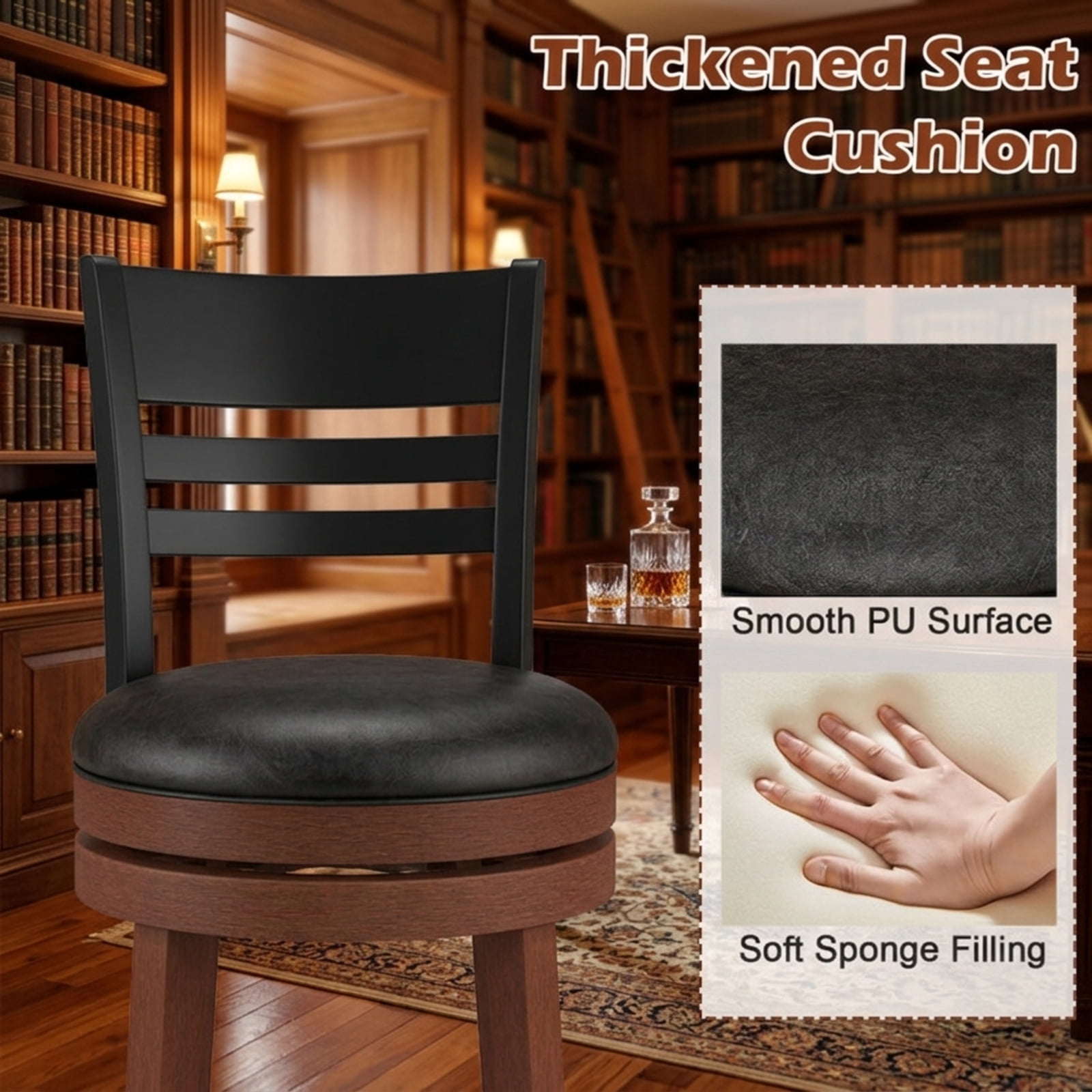 Furnibear Set of 2 360° Bar Stools with PU Upholstered Seats for Kitchen Island Counter Bar Pub Dining Home, Brown
