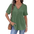 thumbnail image 2 of Womens Short Sleeve Babydoll Tops Lace Trim V Neck Cotton Linen Tunic Shirts for Women 2026 Summer Ruffled Hem Blouses Army Green L, 2 of 6