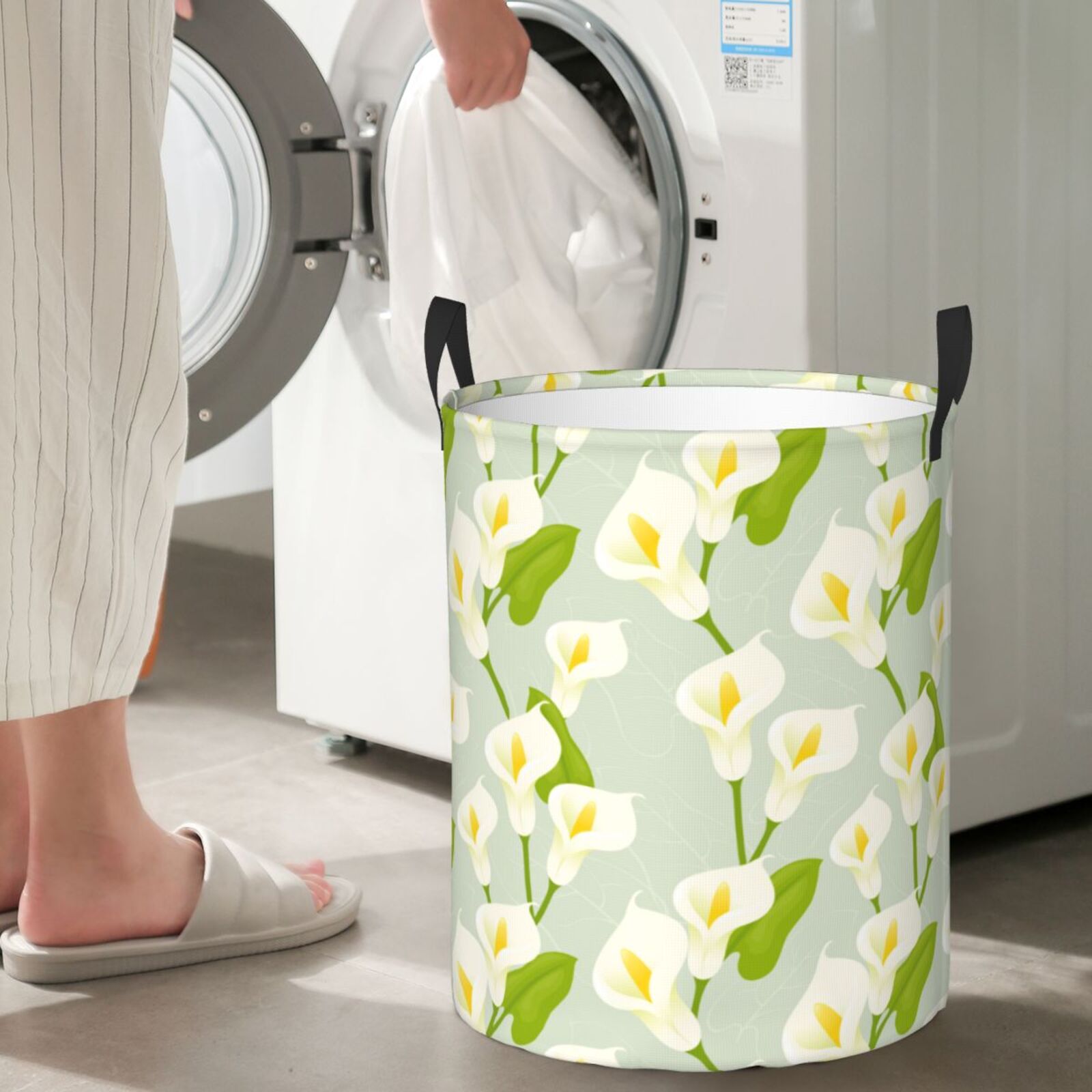 Large Laundry Basket with Handles - Calla Lily Flowers Light Green Kids Baby Dirty Clothes Laundry Hamper for Bedroom Aesthetic