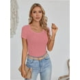 thumbnail image 3 of Womens Tops Summer Square Neck Short Sleeve Shirts Ribbed Knit Slim Fitted Tshirt Casual Tees Clothing, 3 of 5