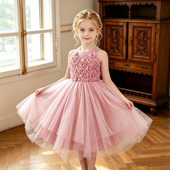 Shachafan Girls Formal Party Dress Irregular Sleeveless Neck 3D Embroidered Dance Gown Outfit For Kids 4 Years Girl Clothes