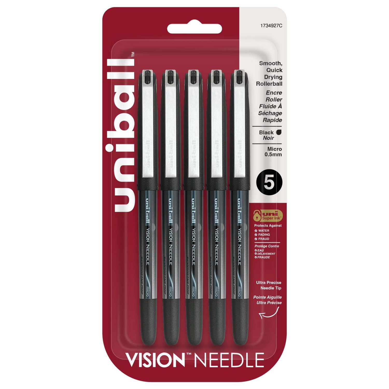 Stylos à bille roller uniball™ Vision Needle, pointe micro (0,5 mm), noir, lot de 5 Vision Needle Micro Noir 5pk