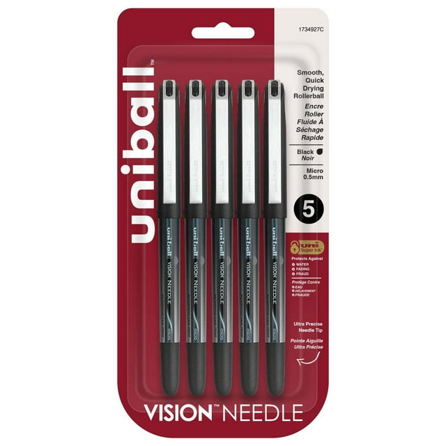 Stylos à bille roller uniball™ Vision Needle, pointe micro (0,5 mm), noir, lot de 5