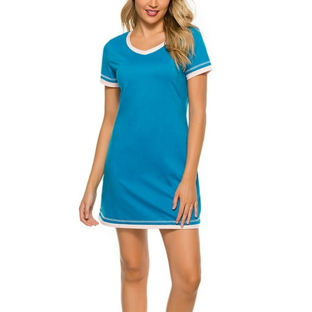 

Paille Ladies Nightgowns Short Sleeve Night Gowns Color Block Sleep Dress Women Lounge Pajama Soft V Neck Sleepwear Sky Blue L