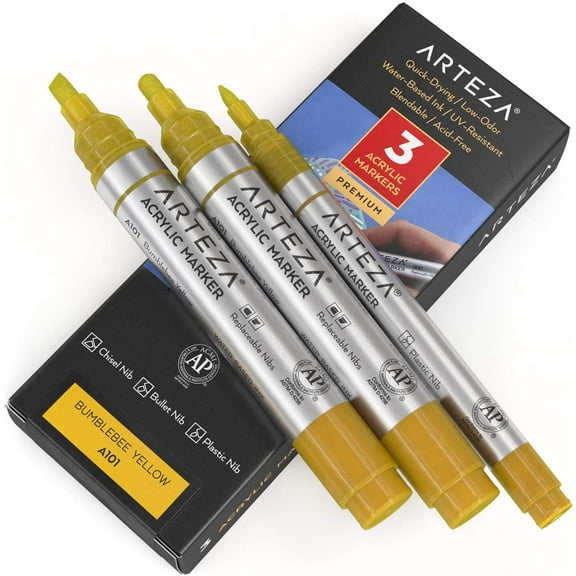 Arteza Acrylic Markers (A101 Bumblebee Yellow), 2 Big Barrel (chisel bullet nib)   1 Small Barrel, Single Color - 3 Pack