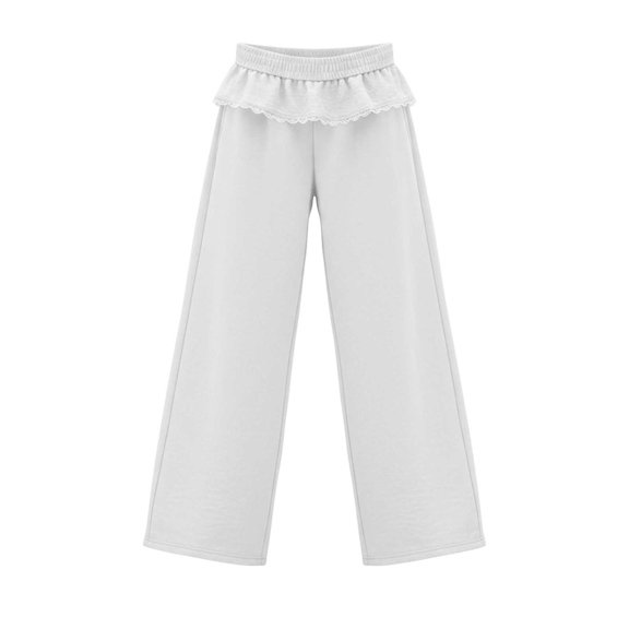 Ozmmyan Womens Wide Leg Sweatpants for Womens High Elastic Waist Ruffle Lace Trim Casual Lounge Pants with Pockets