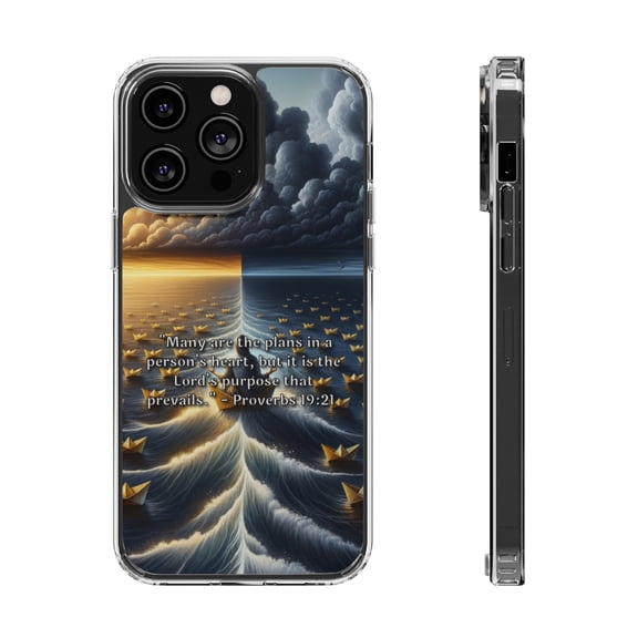 DistinctInk Hybrid (Acrylic / TPU) Clear Slim Fit Case for Apple iPhone 15 PLUS (6.7" Screen) - "The Unshakeable Power of God's Purpose - Proverbs 19:21"