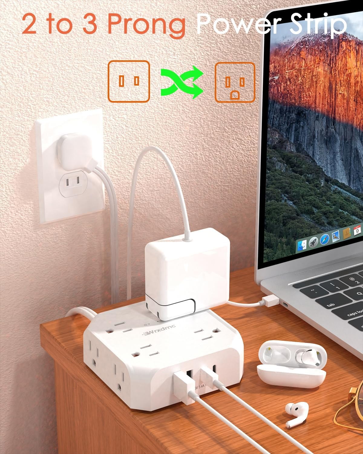 2 Prong Power Strip to 3 Outlet Adapter 1400J Two Surge Protector 5ft Extension Cord 8 AC Outlets with USB C Port and A Port Wall Mountable Ideal for Old House