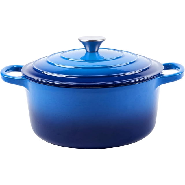 Olla holandesa de hierro fundido esmaltado de 6 cuartos con tapa, asas dobles grandes, apta para horno hasta 500 °F, olla redonda clásica para una cocción versátil (azul, 6 cuartos)