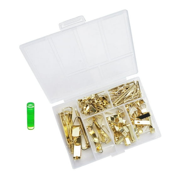 KALLORY 1 Set 130pcs Non-Trace Picture Hanging Hooks Golden Metal Photo Frame Hook for Art Display