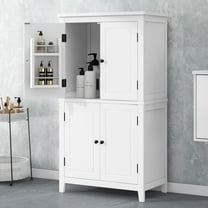 UBesGoo Elegant Bathroom Floor Storage Cabinet with 4 Doors, Adjustable Shelves, Hidden Shelves, White