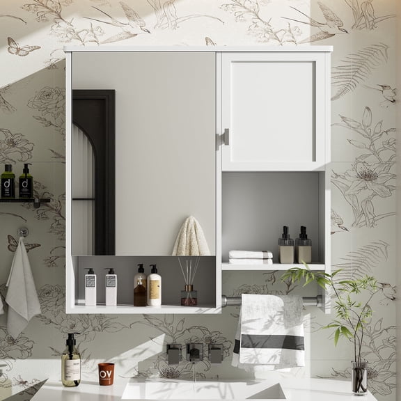 29"Bathroom Medicine Cabinet, Wall Mounted Wood Storage Cabinet with Mirror,Adjustable Shelf,Towel Bar, Over Toilet Storage Organizer for Laundry Room