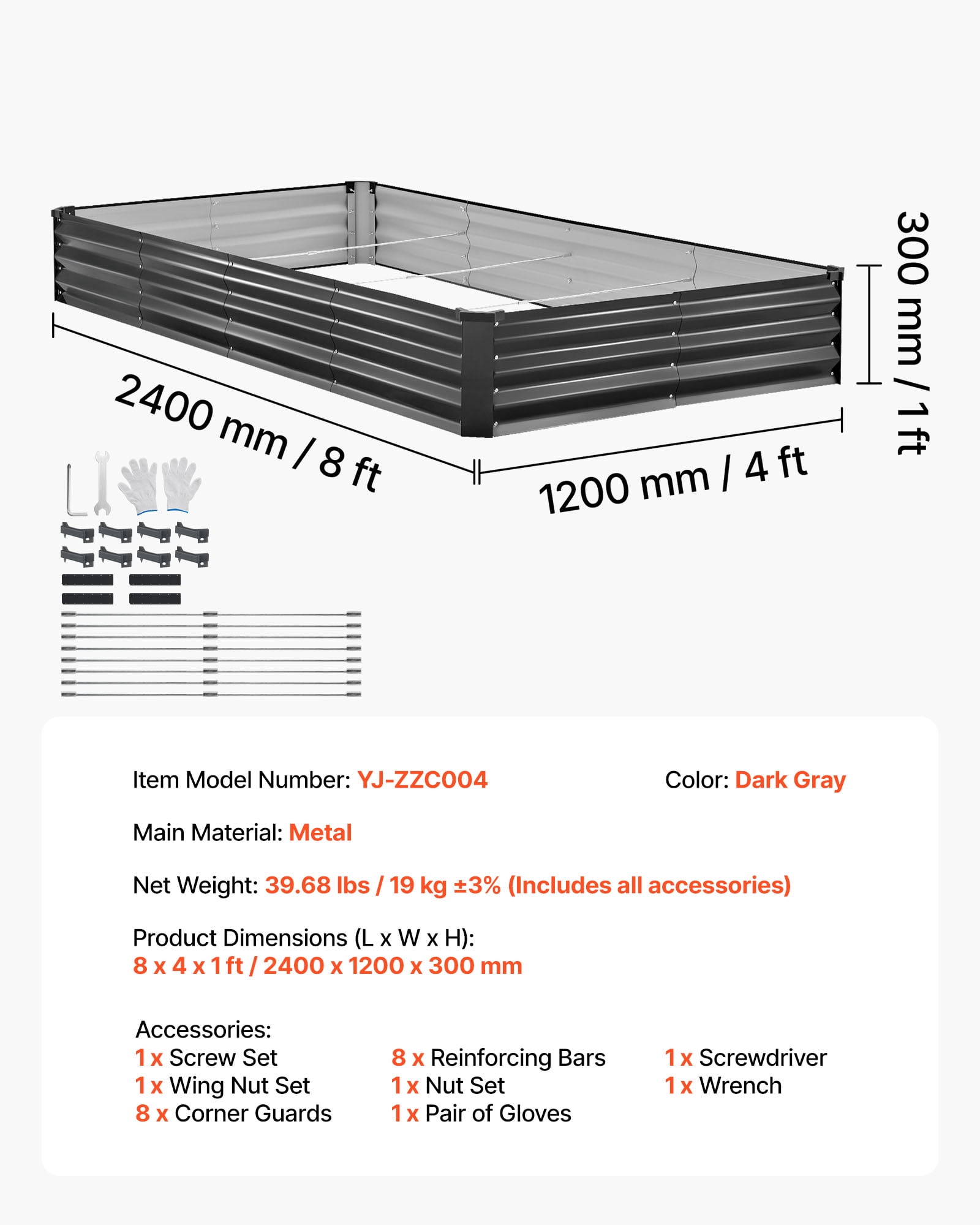 VEVOR 2 Pack Galvanized Raised Garden Beds, 8 x 4 x 1 ft, Rectangular Metal Planter Boxes Kit Outdoor, Bottomless Elevated Planting Box with Gloves, Alu-Zinc, for Growing Flowers Vegetables,Dark Gray