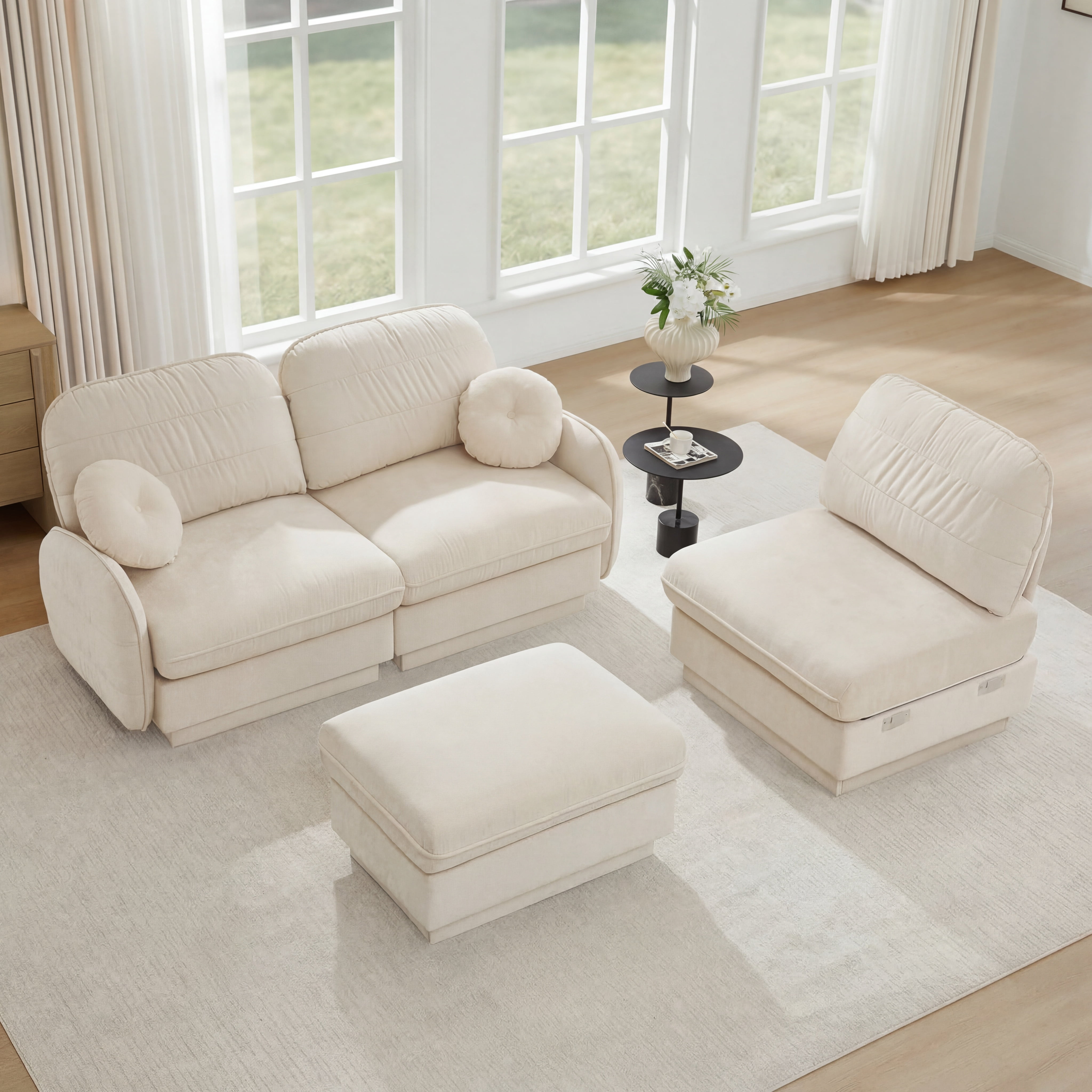 Mintazer 105" Chenille Cloud 3-Seater Modular Sectional Sofa with Movable Ottoman & Round Pillows, L-Shaped Ergonomic Sofa Couch for Living Room, Apartment, Cream