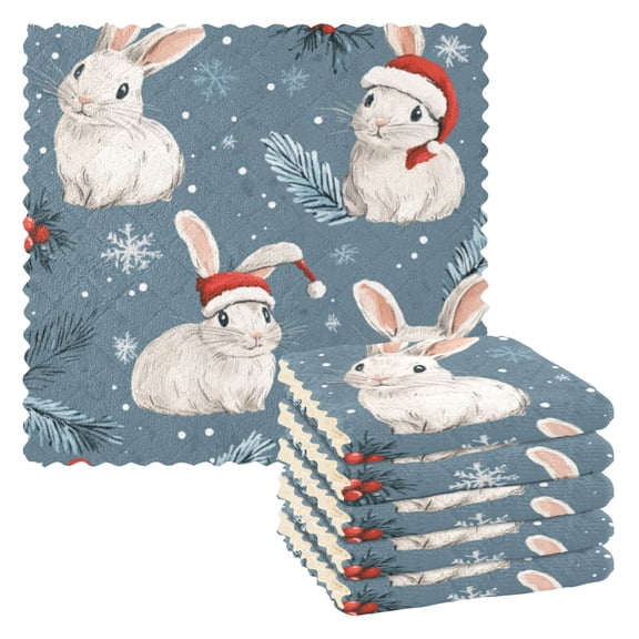 6 Pieces of Kitchen Towels 11x11Inch Kitchen Dish Cloths Kitchen Dish Towels Reuseable Cleaning Cloths Christmas Cute Bunny