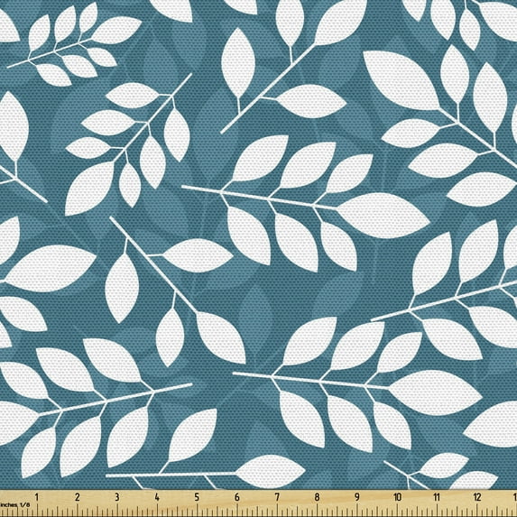 Modern Fabric by the Yard, Botanical Design Leafy Branches on Monochromatic Background Illustration, Decorative Upholstery Fabric for Chairs & Home Accents, Petrol Blue and White by Ambesonne