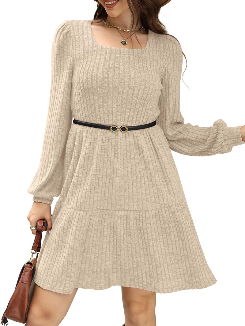 Womens Square Neck Long Sleeve Fall Dresses Casual Babydoll Sweater Dress
