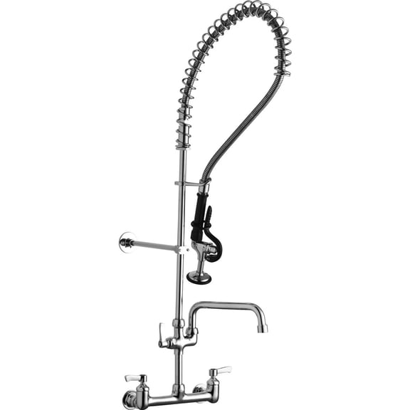 Elkay 8" Centerset Wall Mount Faucet 44in Flexible Hose with 1.2 GPM Spray Head   8in Arc Tube Spout 2in Lever Handles