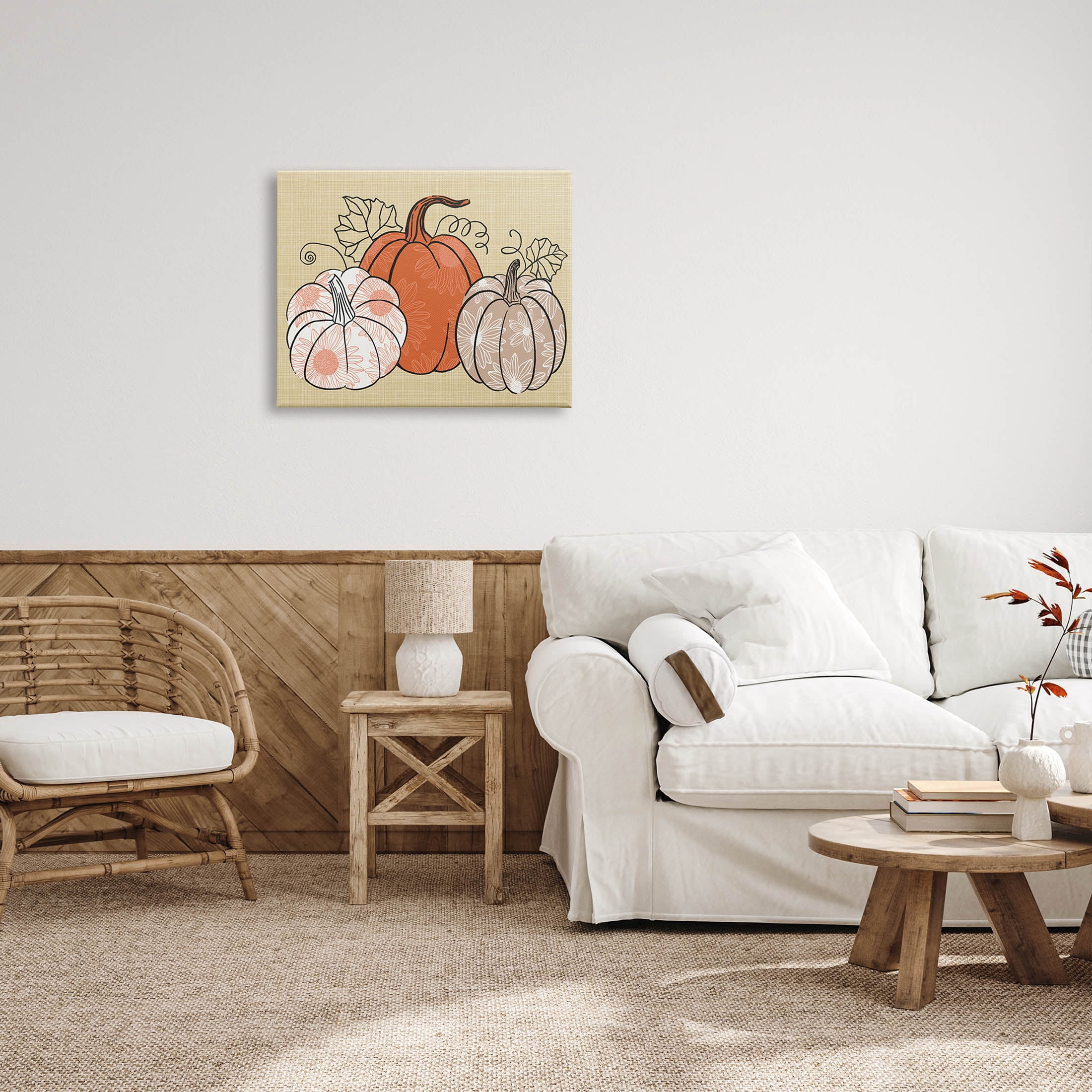 Autumnal Pumpkins Sunflower Pattern Holiday Graphic Art Gallery Wrapped Canvas Print Wall Art