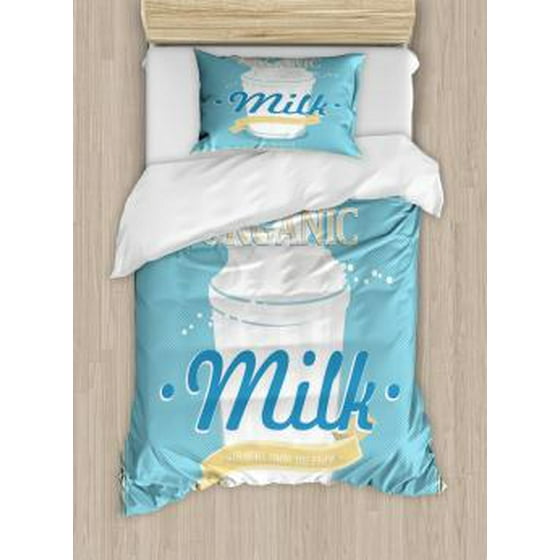 Vintage Blue Twin Size Duvet Cover Set Splashing Milk Jar Design Vintage Blue Twin Size Duvet Cover Set Splashing Milk Jar Design With Calligraphic Scripts In Retro Frame Decorative 2 Piece Bedding 1 Pillow