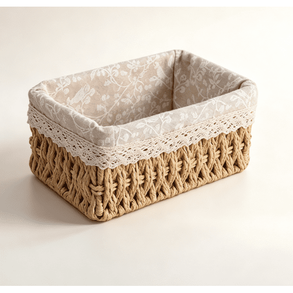 1 Piece Wicker Basket Hand-Woven Paper Rope Storage Basket Desktop Organizer Bin with Removable Linen Liner for Kitchen, Bathroom, Bedroom, Pantry, Office