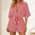thumbnail image 5 of Short Rompers for Women Dressy Casual Striped Button Up Short Sleeve Jumpsuit Shorts with Belt Pockets (XL, Red), 5 of 7