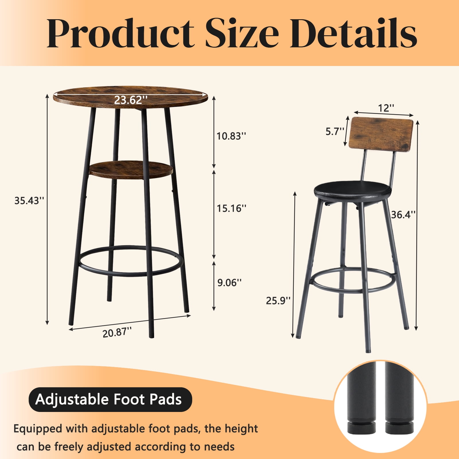 Bar Table Set, 3-Piece Round Dining Table with 2-Tier Storage and 2 PU Upholstered Stools, Compact Design for Small Spaces and Apartments, 23.62 Inch Diameter Brown
