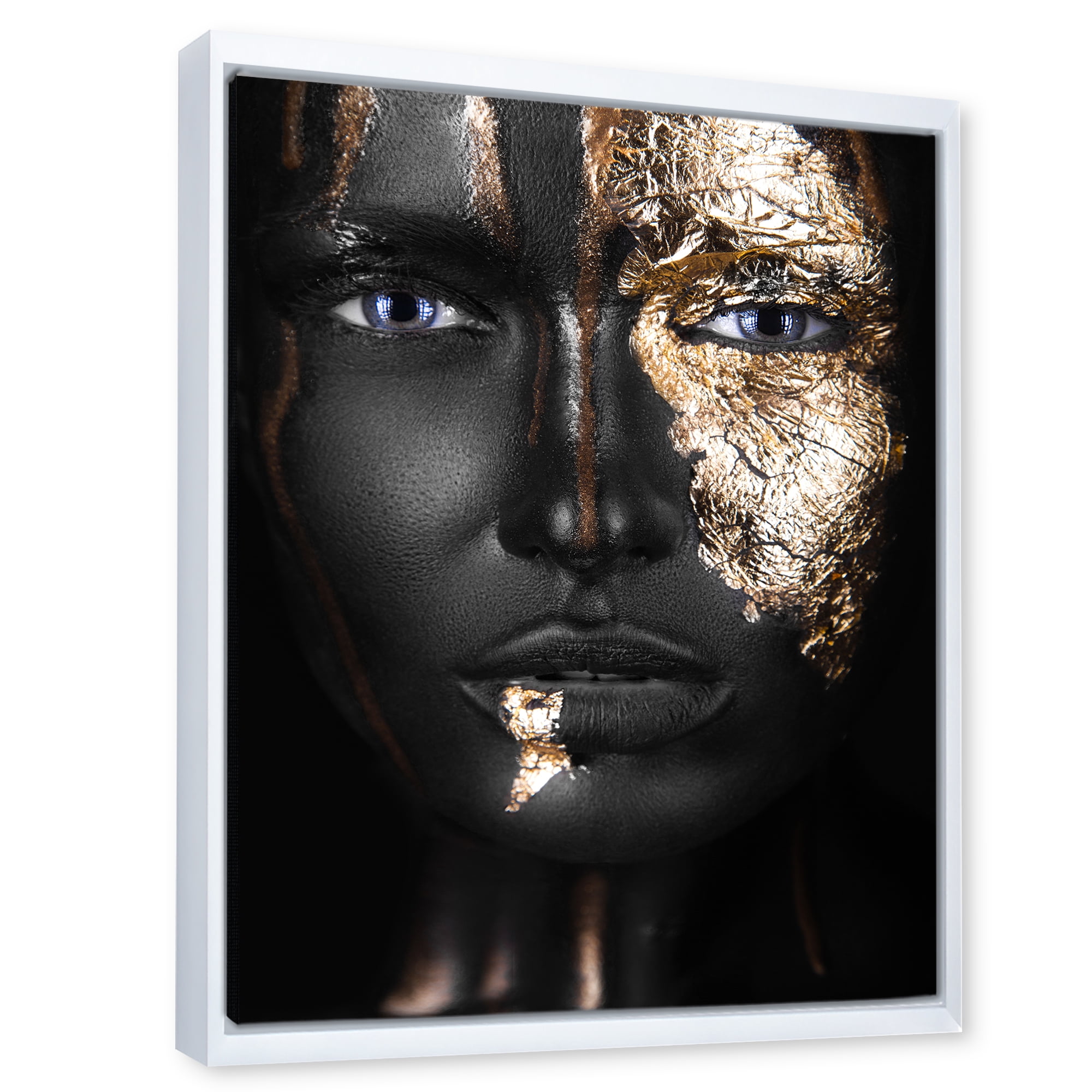 Portrait of A African American Girl with Gold Makeup 16 in x 32 in Framed Painting Canvas Art Print, by Designart