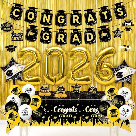 2026 Graduation Decorations - Black and Gold Graduation Decorations Set Congrats Grad Banner, Tablecloth, 32 Inch 2026 Balloons, Hanging Swirls, Honeycomb Centerpieces Fringe Curtains