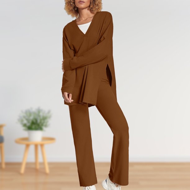 Traje de camisa y pantalón de manga larga para mujer conjunto informal de 2 piezas a juego traje para el hogar
