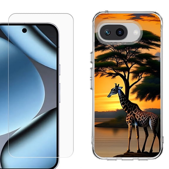 ShockProof Phone Case for Google Pixel 10a, with Screen Protector, by OneToughShield - Giraffe Sunset