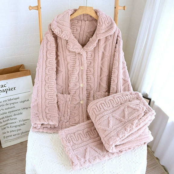 BLTIBY Womens Flannel Pajamas Set Winter Fleece Textured Button Top and Pants Plush Warm Cable Loungewear Sleepwear with Pockets Pink XL
