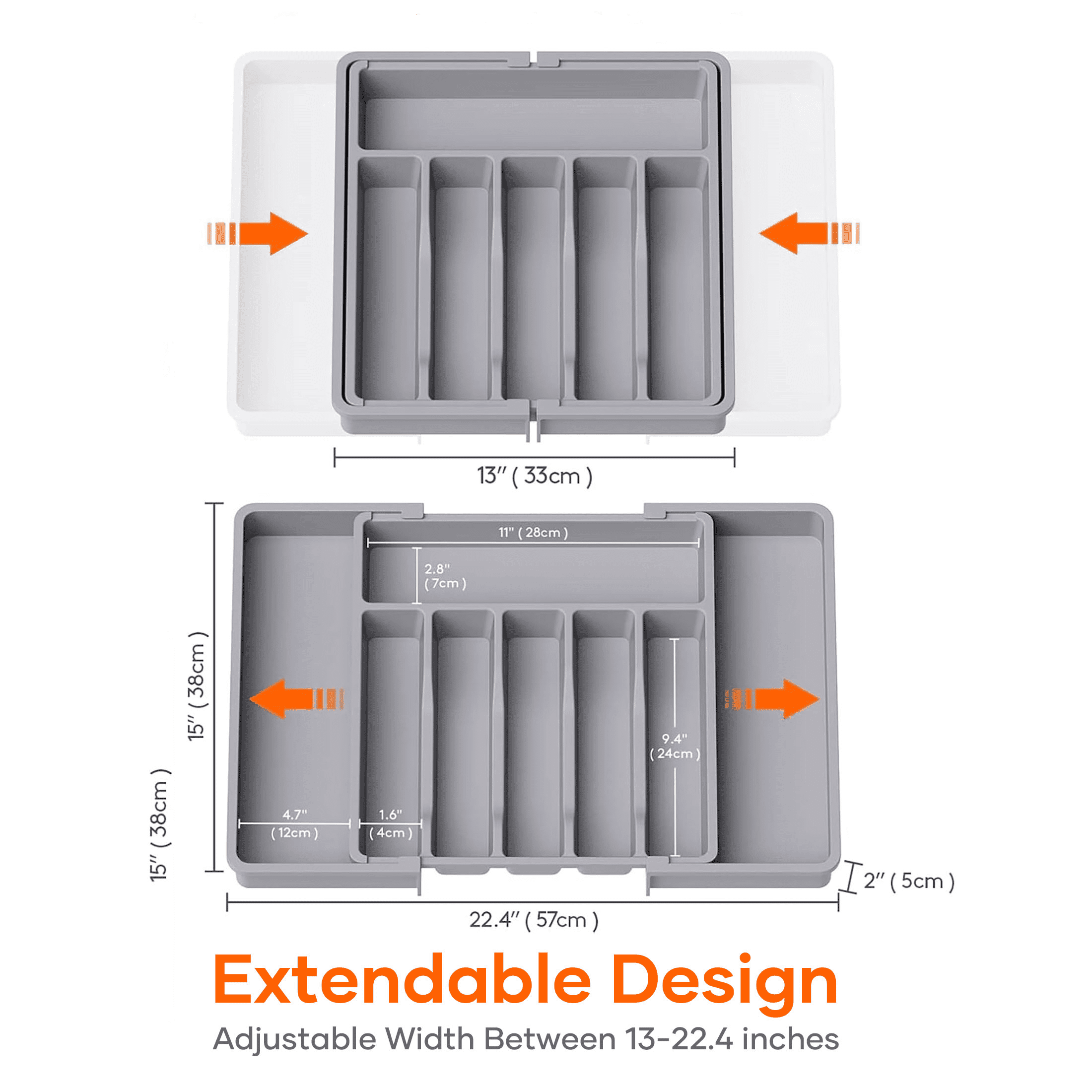 ORFELD Extendable Utensil Tray for Drawer,Multipurpose Kitchen Organizers and Storage Solution，Adjustable BPA-Free Cutlery Holder for Spoons, Forks, Grey