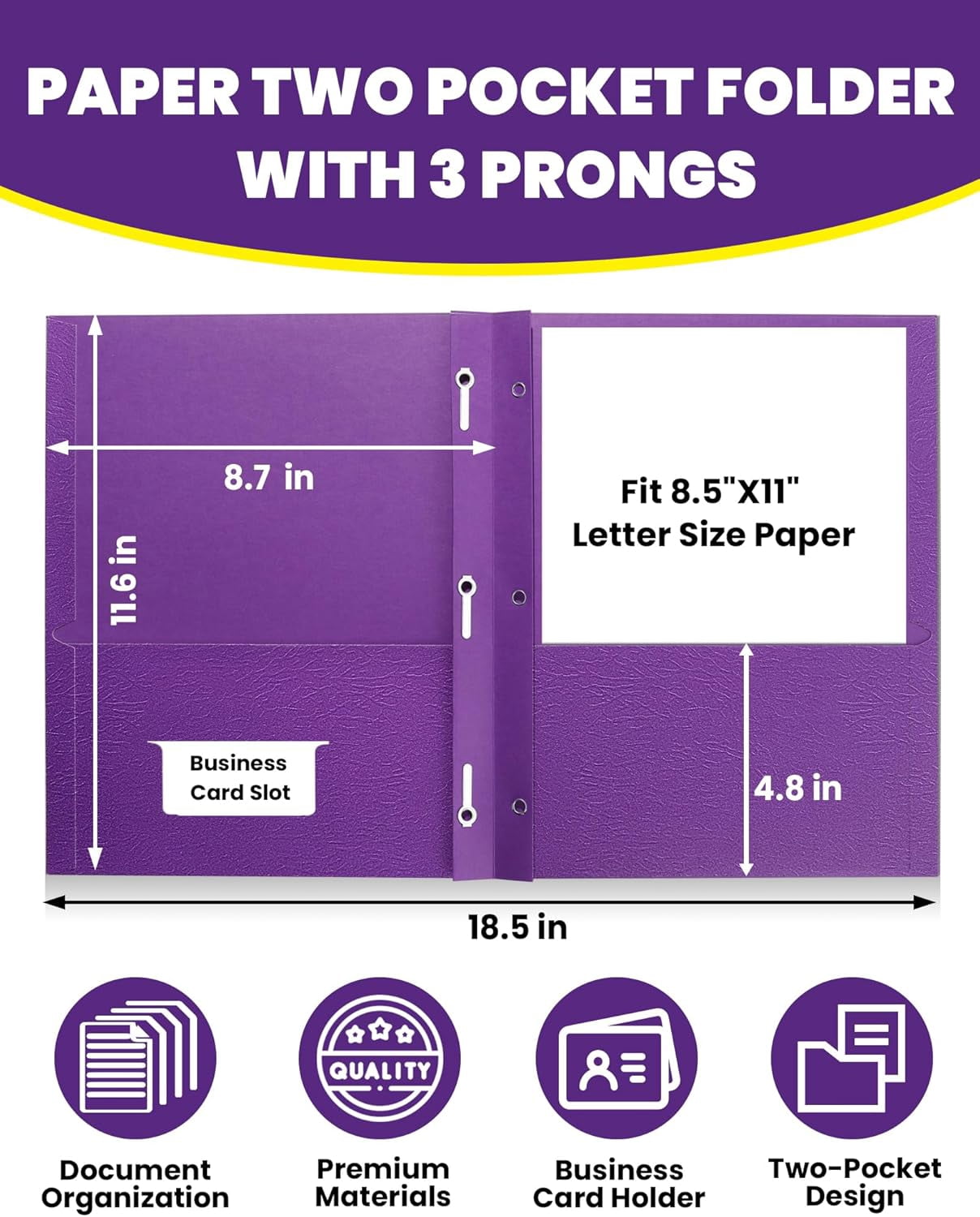 2 Pocket Folders with Prongs (25 Pack, Purple), Paper Folders with 2 Pockets and 3 Prongs Fit Letter Size Paper, Folders with Prongs for School Office Home Business
