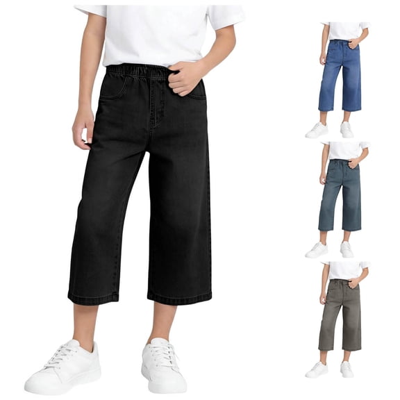 Weebloom Wide Leg Jeans For Girls Casual Denim Capri Pants Stretch Comfort Kids Cargo Joggers With Pockets Denim Pants Black 9-10 Years