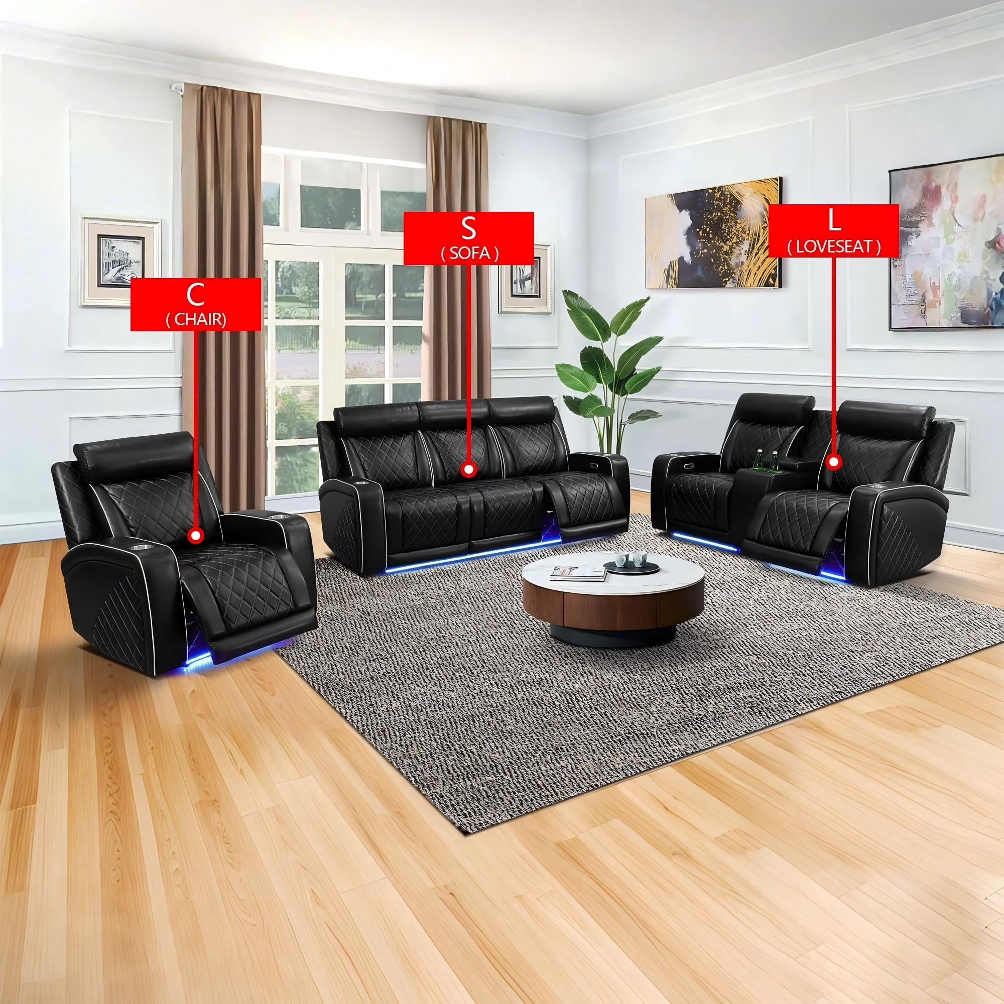 Gewnee Power Recliner Sofa Set, Air Leather 3 Pieces Sectional Couch with LED Light, Storage Console,Cup Holder for Living Room