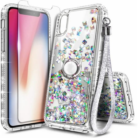 Nagebee Phone Case Compatible for iPhone Xs / iPhone X with Tempered Glass Screen Protector, Sparkle Glitter Liquid Bling Diamond [Ring Holder & Wrist Strap] Women Girls Cute Case (Gem)